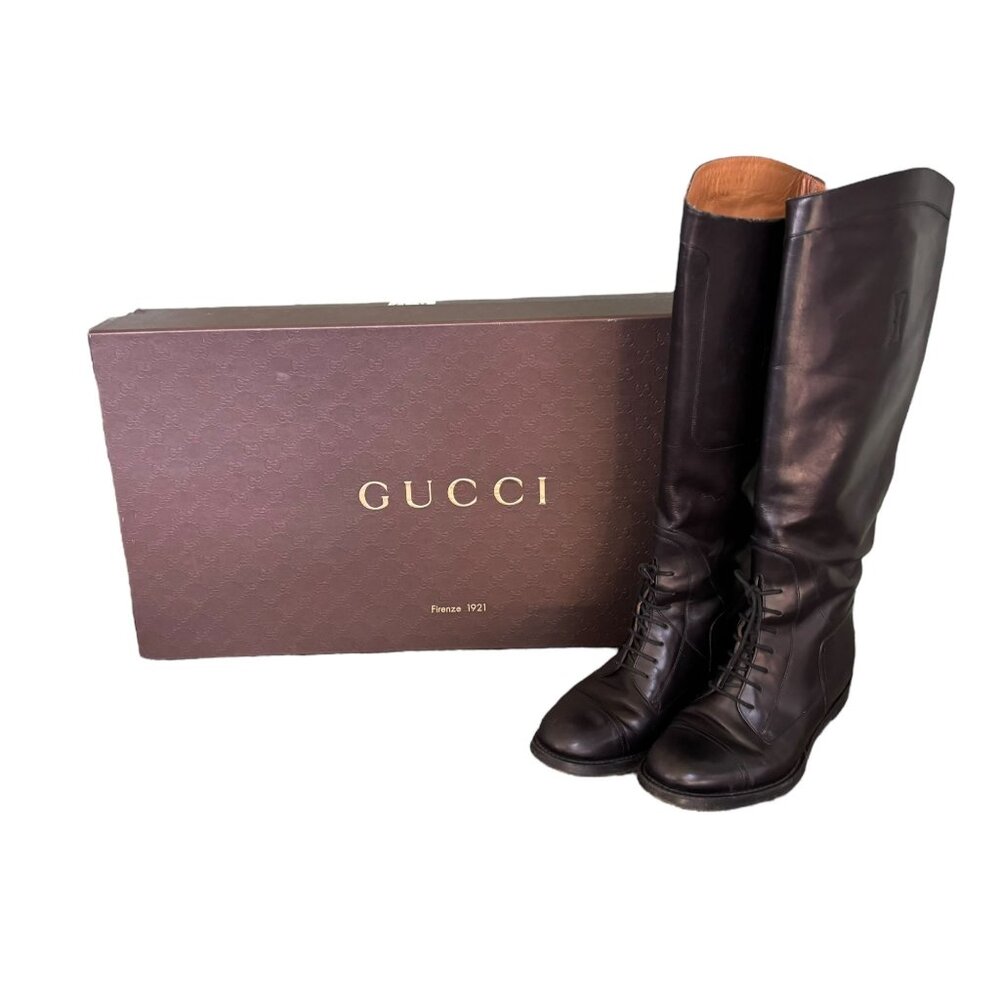 Gucci Black Boulanger Equestrian Tall Lace Up Leather Boots - Picture 1 of 16
